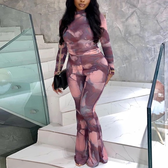 SHEER PURPLE PINK TWO PIECE STRETCHY SET TYE DYE - Picture 2 of 2